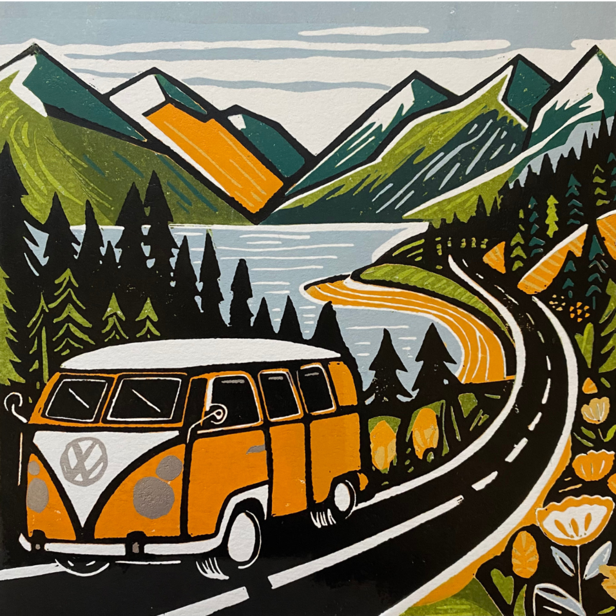 Road Trip – Hand Printed Reduction Lino Cut