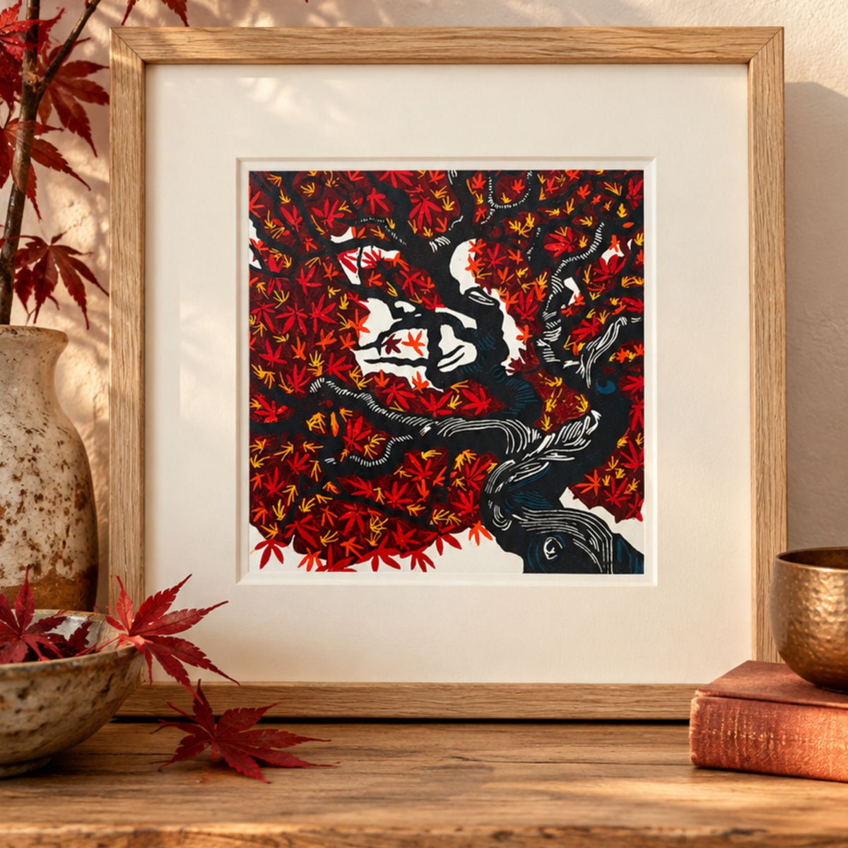 Flame Tree – Hand Printed Reduction Lino Cut