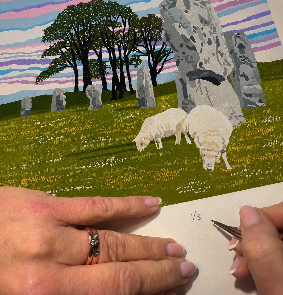 Ancient Avebury – Hand Printed Reduction Lino Cut